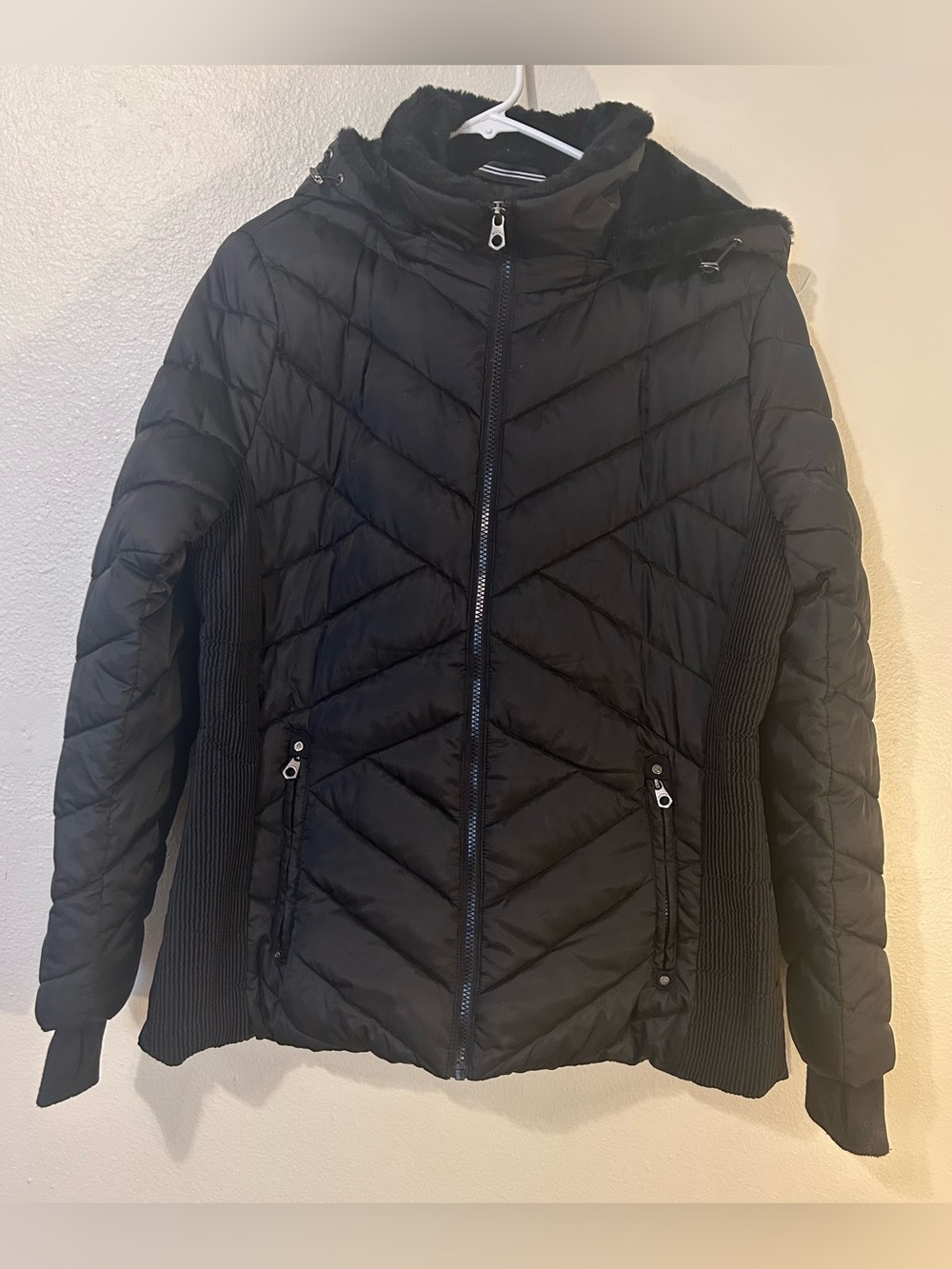Nautica Black Puffer Jacket XL Faux Fur Hooded Water Resistant Winter Coat